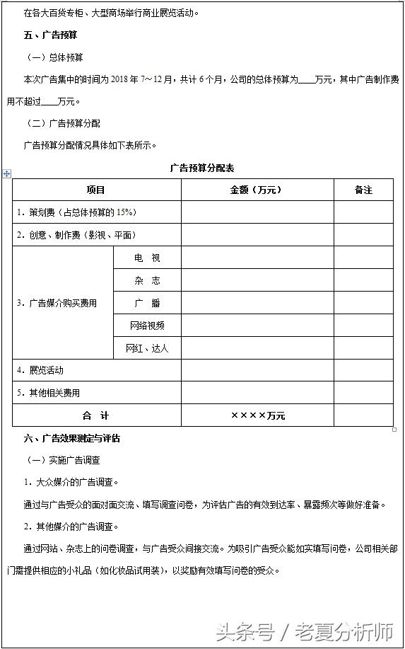 化妆品、护肤品广告策划书、营销目标方案及广告预算分配