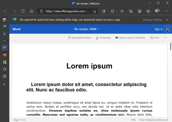 Microsoft Edge浏览器中的Office Viewer功能首次出现