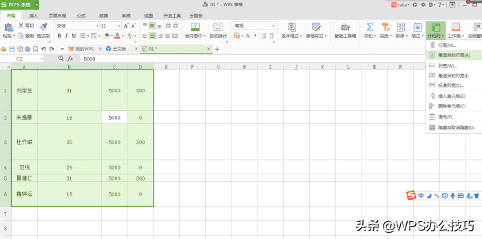 WPS表格快速批量调整表格行高和列宽