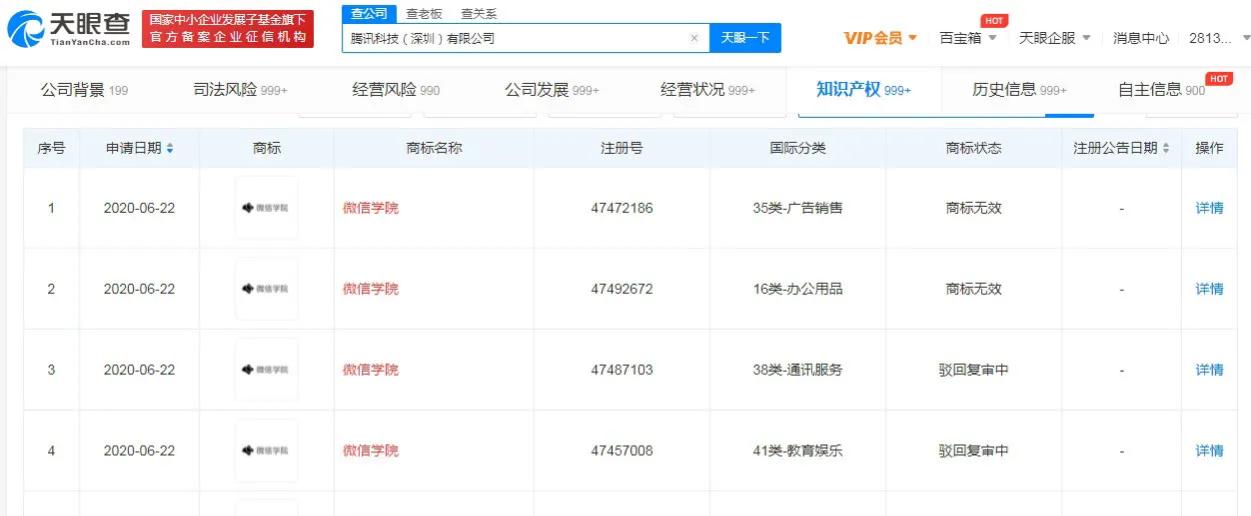 腾讯申请多个微信学院商标被驳回